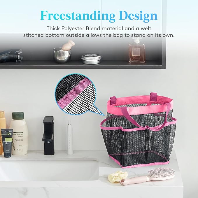 Lifewit Mesh Shower Caddy Portable for College Dorm Room Essentials with 7 Pockets, Freestanding Hanging Organizer Basket, Quick Dry Tote Bag for Camping, Bathroom, Beach, Travel, 1 Pack, Pink - Image 3