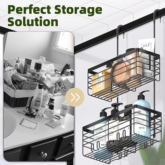 YUOROS Hanging Shower Caddy, 2 Tier Over the Door Shower Organizer Rack Organizer Stainless Steel Rustproof (Black) - Image 4