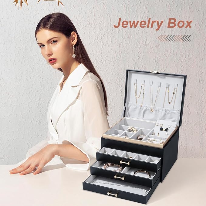 Jewelry Box，4-Layer Large Jewelry Organizers for Women with 3 Drawers,Storage Modern Style Jewelry Boxes Storage of Earrings Rings Bracelets Necklace（Black） - Image 6