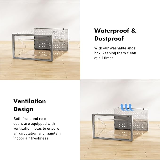 Foluck Shoe Storage Box, 15 Pack Clear Plastic Stackable Shoe Organizer for Closet, Interlocking Design Shoe Container Bins for Sneakers, Foldable Shoe Rack with Lids, Gray - Image 5