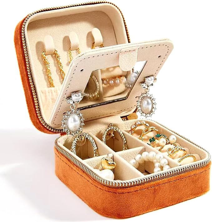 Smileshe Travel Velvet Jewelry Box with Mirror, Mini Gifts Case for Women Girls, Small Portable Organizer Boxes for Rings Earrings Necklaces Bracelets by SMILESHE