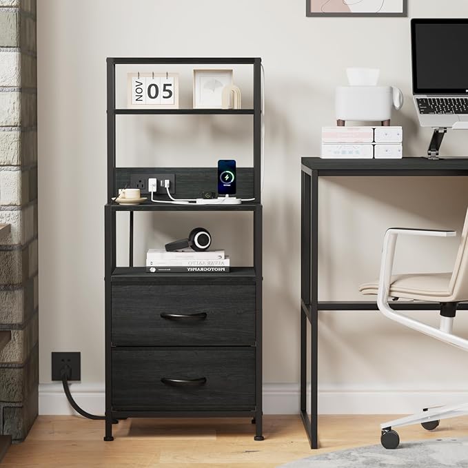 Furnulem Night Stand, Tall Nightstand with 4-Tier Shelves, 2 Fabric Drawers and Light Tube, Bed Side Tables with Charging Station, Bedside Table for Bedroom, Office, Black Oak | 4-Tier Shelves, 2 Fabric Drawers, Light Tube, Bed Side Tables, Charging St...