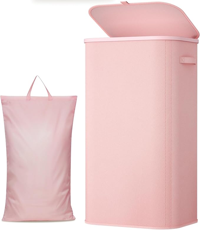 Lifewit 105L Large Laundry Basket with Lid, Laundry Hamper with Plastic Handles and Removable Bag, Foldable Tall Dirty Clothes Hampers for Laundry for Laundry Room, Bedroom, Bathroom, Dorm, Pink by Lifewit