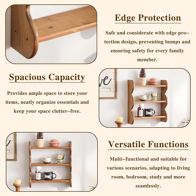 100% Solid Wood Wall Shelf 3-Tier, Rustic Floating Shelves Wall Mounted Storage Rack, Farmhouse Decor Hanging Shelf Display Shelves for Apartment, Living Room and Bedroom - Image 5