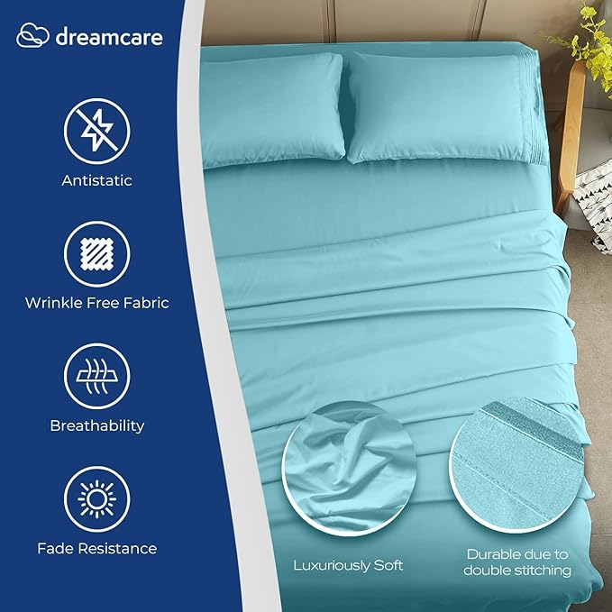 DREAMCARE Twin XL Sheet Sets - 4 pcs Breathable Cooling Bed Sheets - up to 15" Deep Pocket Twin XL Sheets Set with Side Pockets - Extra Soft 100% Brushed Hypoallergenic Hotel Luxury Bedding - Spa Blue