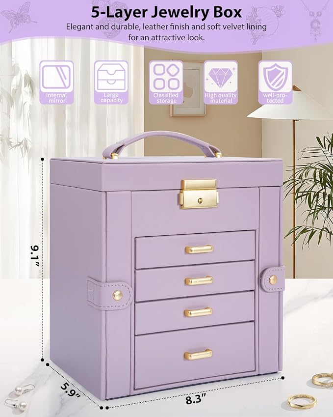 AKOZLIN 5-Tier Jewelry Box Leather Jewelry Storage Organizer with 4 Drawers Lockable for Women Girls Ring Necklace Earring Bracelet Watches Holder with Mirror Purple - Image 2