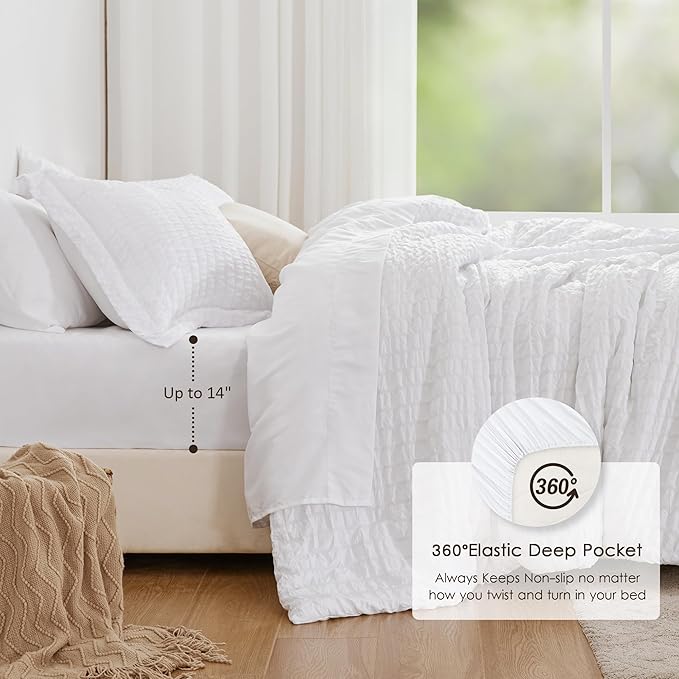 Love's cabin Seersucker White Queen Comforter Set, 7-Piece All Season Lightweight Bed in a Bag Bedding Set with Comforter, Flat Sheet, Fitted Sheet, Pillowcases and Shams | Soft, Breathable, Lightweight