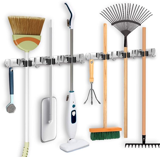 IMILLET 2 Pack Broom and Mop Holder Wall Mounted, Stainless Steel Broom Holder Mop Holder Self Adhesive Heavy Duty Hooks Storage Organizer for Home Laundry Room Garden Garage Closet Kitchen by IMILLET