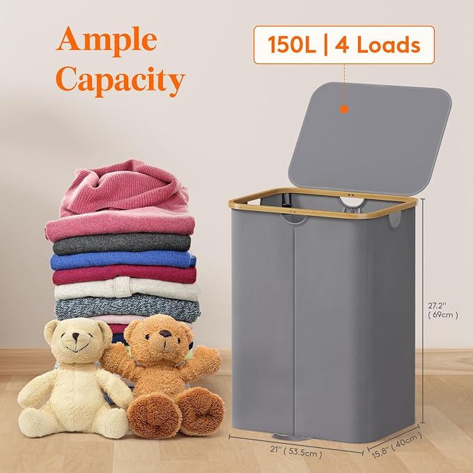 Lifewit 150L Double Laundry Hamper with Lid, Large Laundry Basket with Removable Bag & Bamboo Handles, Fodable Tall Dirty Clothes Hamper for Laundry Collapsible Bin for Bathroom Bedroom, Charcoal Gray - Image 2