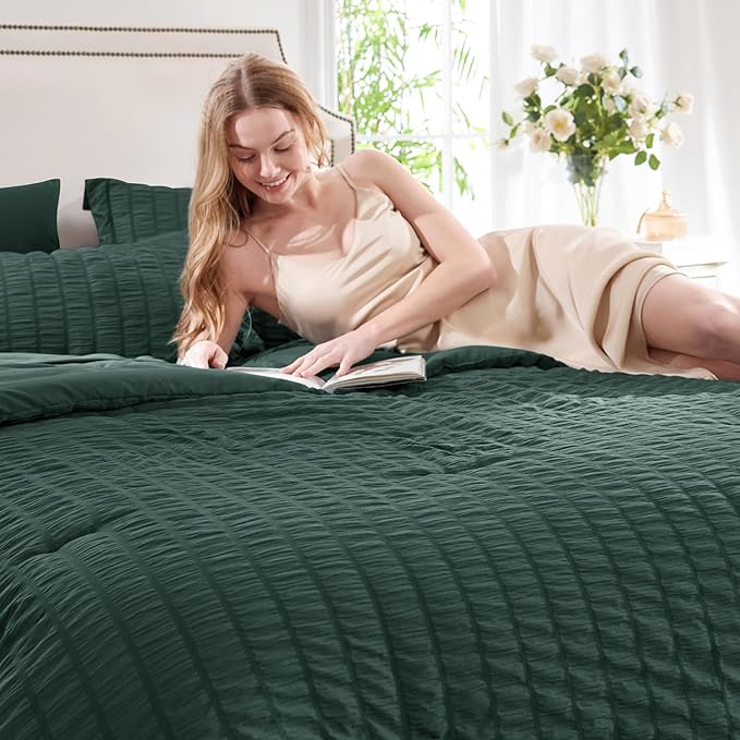 CozyLux Queen Comforter Set Forest Green Seersucker 7 Pieces Bed in a Bag Queen Comforter Set with Sheets, Luxury Bedding Sets with Down Alternative Comforter, Sheets, Pillowcases & Shams All Season