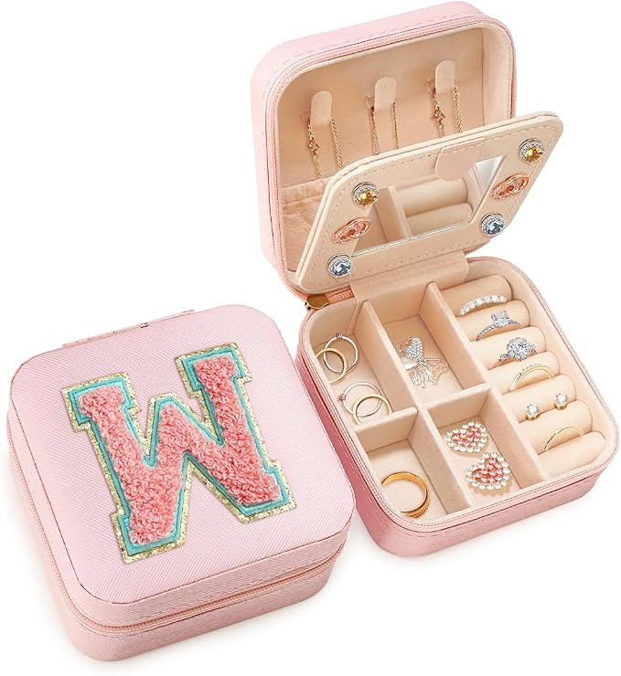 SANDJEST Personalized Jewelry Box, Pink Travel Jewelry Box with Initial W, Small Monogrammed Jewelry Case Organizer for Girls Women Teen Kids, Mini Travel Essentials Gifts for Birthday Christmas by SANDJEST