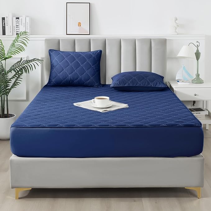 Waterproof Mattress Protector -Twin Size Mattress Pad Silent & Fitted Sheet Style | Full Bed Protection for Kids, Pets, Adults | Hypoallergenic, Machine Washable（Blue,Twin）