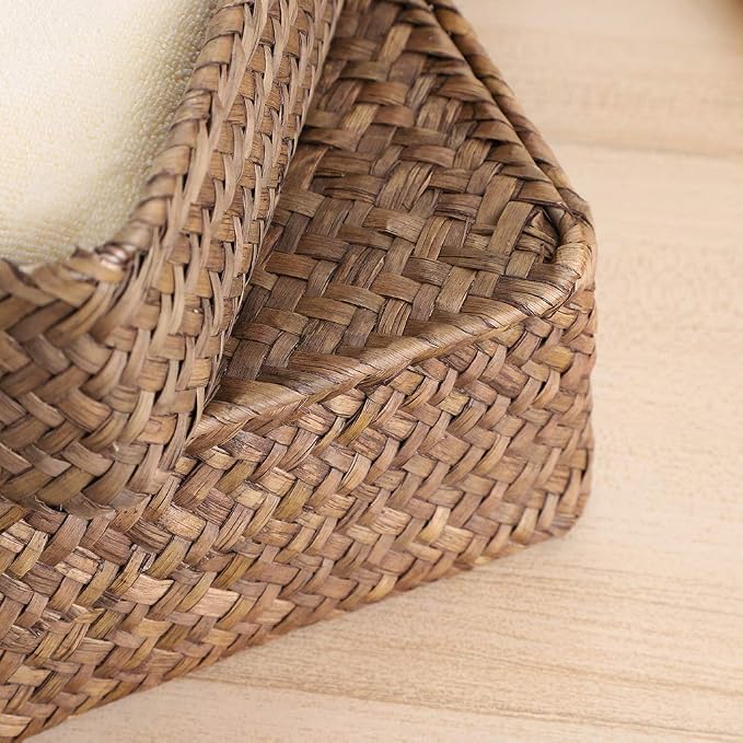 Hipiwe Set of 2 Flat Woven Wicker Storage Bins with Lid Natural Seagrass Basket Multipurpose Home Boxes for Shelf Organizer (Coffee) - Image 7