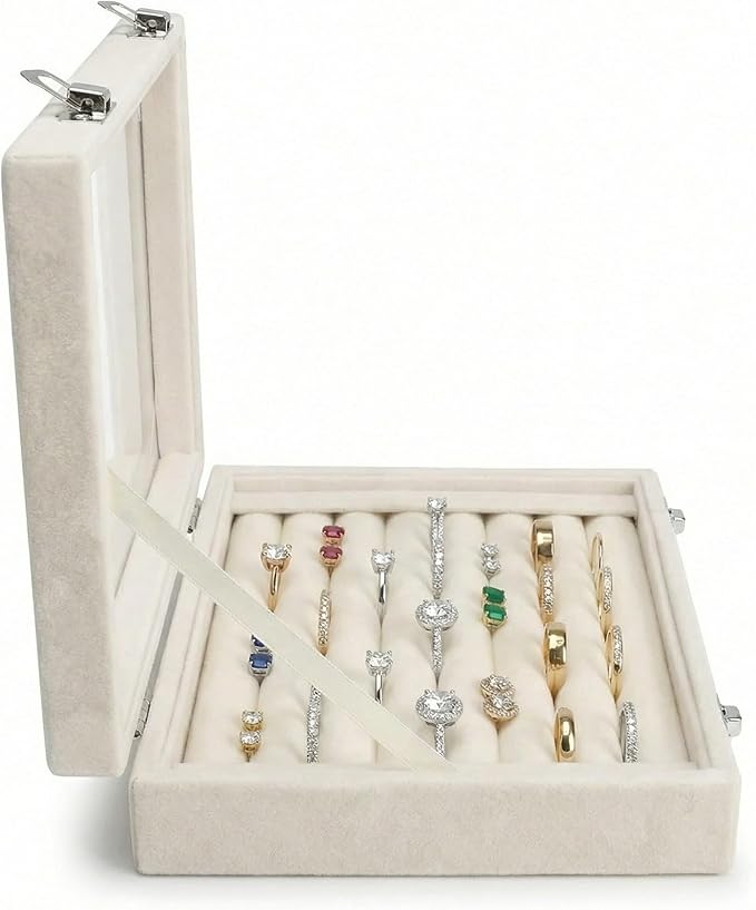 Jewelry Box Rings Organizer Tray 7 Slots Velvet Jewelry Earring Storage Box With Transparent Lid Jewelry Display Case for Girls Women (Beige) - Image 3