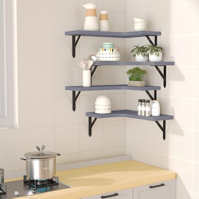 ROMGUAR CRAFT Corner Floating Shelves Wall Mounted Set of 4, Rustic Wood Storage Display Shelves for Home Decor, Bathroom, Kitchen, Bedroom, Living Room, Office (Grey) - Image 2