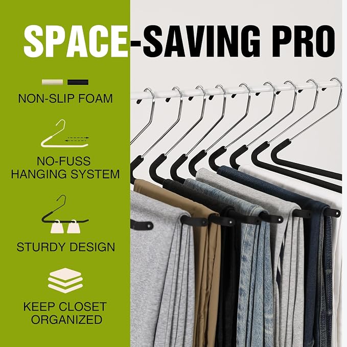 Spring Fever Open Ended Non Slip Sponge Padded Pants Hangers - Chrome Plating Foam Heavy Duty Space Saving Black Long 30 - Image 4