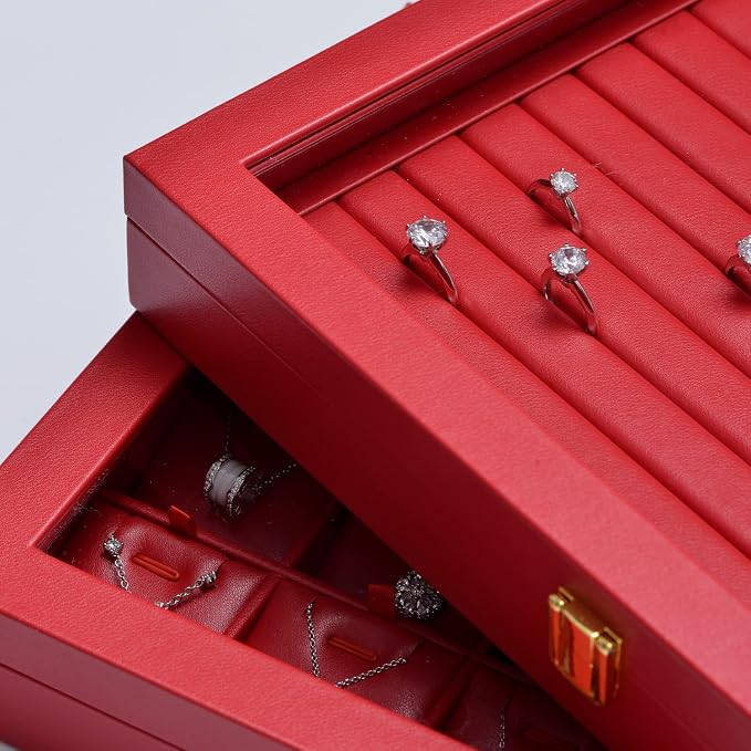 Oirlv Luxury Leather Rings Earrings Organizer Tray with Clear Lid Jewelry Display Box with Acrylic Lid Stackable Jewelry Box Drawer Inserts - Image 8