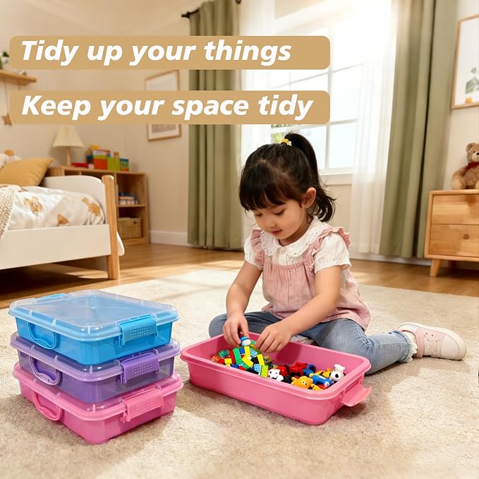 4 Qt (3.8L) Sensory Bin With Lid - 3 Pack, Stackable Storage Sensory Bins with Lids, Portable Sandbox, Organizers Sand, Arts, Crafts, (Blue, Purple, Pink) - Image 5