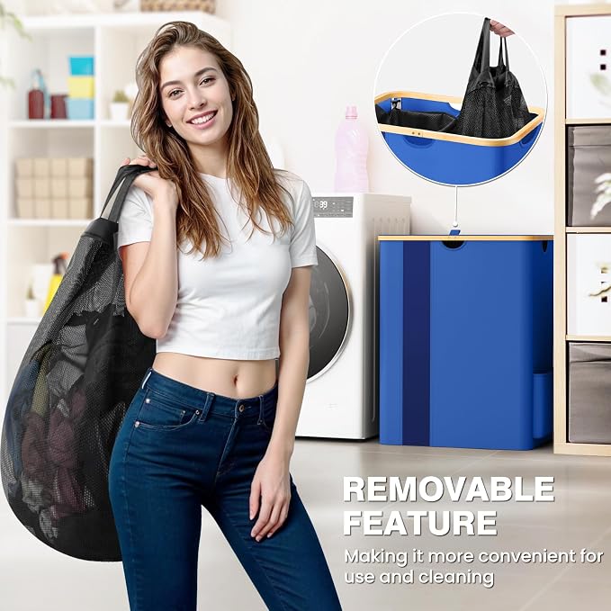 BlissTotes Laundry Basket with Lid, 150L Clothes Laundry Hamper with Handles and 2 Removable Laundry Bag, Breathable Design Hamper with Lid for Bedroom, Bathroom, Dorm, Laundry Room - Blue - Image 2