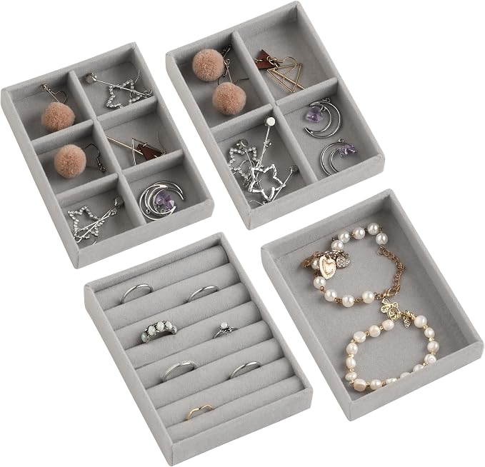 Frebeauty Small Jewelry Tray Set,Stackable Velvet Jewelry Organizer Tray,Mini Jewelry Drawer Organizer,Drawer Inserts,4.92 x 3.74 x 0.9 Inches,Earring Organizer for Women(Set 4,Grey) by Frebeauty