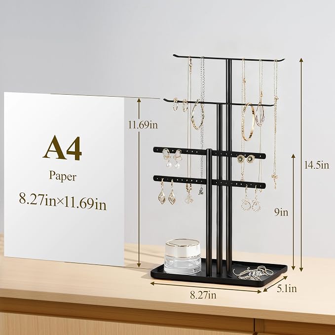 pickpiff Black Jewelry Stand Holder Organizer: 14.5" Sturdy Hanger for 80 Pcs Jewelry, Jewlery Tower for Display Necklace, Earring, Bracelet, Watch - Image 3
