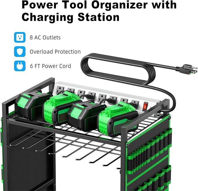 JUNNUJ Large Power Tool Organizer Cart with Charging Station, Garage Floor Standing Rolling Drill and Tools Battery Storage Cart on Wheels, Heavy Duty Rack Shelf with 8 Outlet Power Strip, Green - Image 2