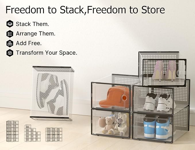 Kuject XXX-Large Shoe Storage Boxes Organizers Clear Plastic Stackable 12 Pack, Shoe Rack & Holder Substitute, Sneaker Containers, Toy Storage Organizer Bins for,Closet, Under Bed, Black(No Fold Line) - Image 6