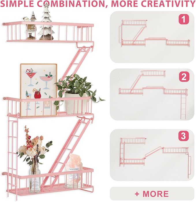 SweetSage Fire Escape Shelf - Pink Wall Decor Floating Shelves, Cute Metal Ladder Shelving for Bedroom, Home Decor Display (3-Tier) - Image 5