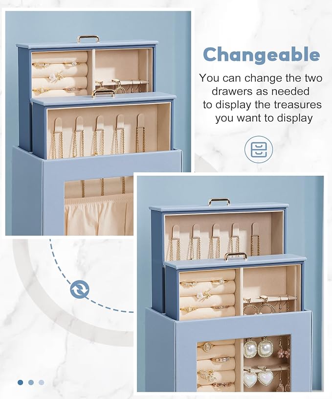 Homde Jewelry Organizer Girls Women Jewelry Box for Necklaces Rings Earrings Gift Bracelets Storage Case (Grey Blue + Gold) - Image 2