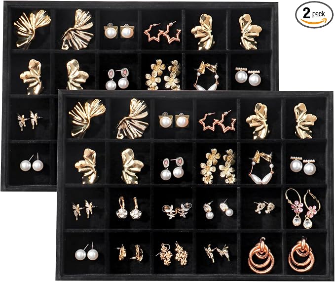 Large Velvet Jewelry Tray 2 Pack Stackable Jewelry Display Drawer Inserts Trays Organizer for Earring Bracelet Necklace Ring (Black, 24 Grids) by Unknown