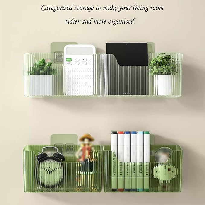 Set Of 2 Storage Organizer Bins Wall Mounted Shower Basket, Shower Caddy Stackable Clear Plastic Makeup Organizer Adhesive Hanging Bin for Bathroom, Kitchen, Cabinet, Pantry, BPA Free, Green - Image 2