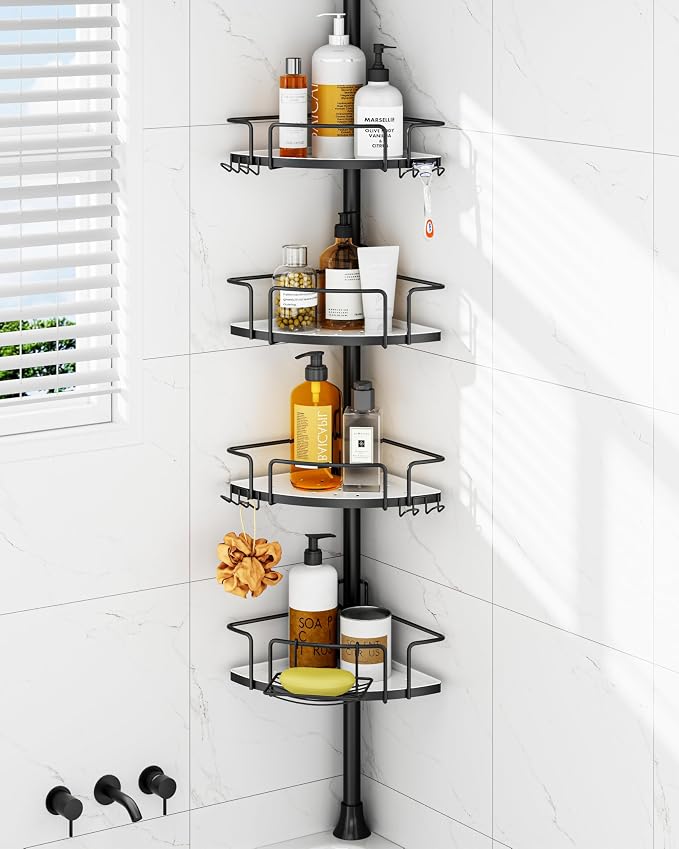 ALLZONE Corner Shower Caddy Tension Pole, 4 Hang-On Basket with Mixed-Height Shelves for Various Bottle Sizes, Extra Hooks & Soap Holder, Rustproof Stainless Steel, Fits 34–116 Inch, Black/White by ALLZONE