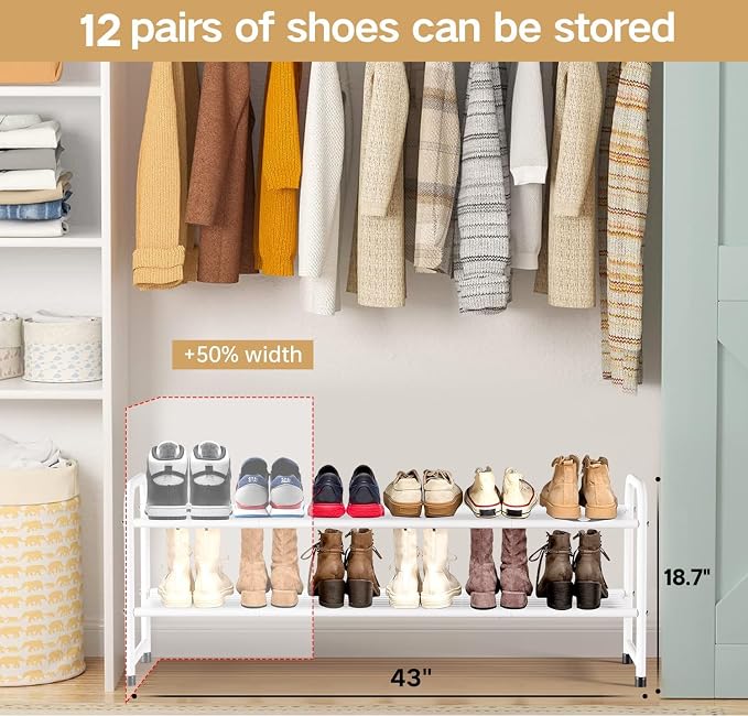 KEETDY 2-Tier Long Shoe Rack for Closet Metal Shoe Organizer for Entryway, Wide Stackable Shoe Storage Shelf with Sturdy Wire Grid for Closet Floor, Bedroom, White - Image 2