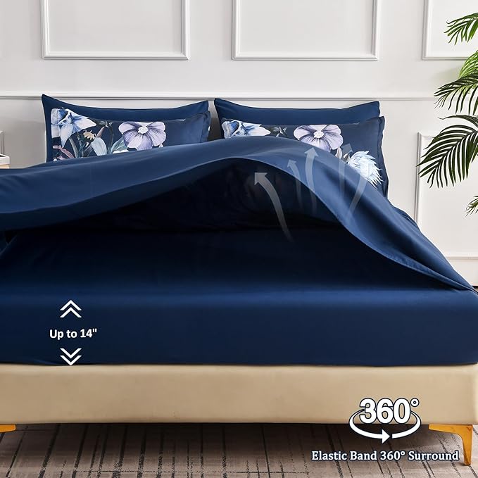 Luxudecor Floral Comforter Set Queen Size 7 Piece, Navy Flower Bed in a Bag, Elegant Floral Comforter with Sheet Set, Soft Microfiber Bedding Set for All Season (Navy, 90"x90")