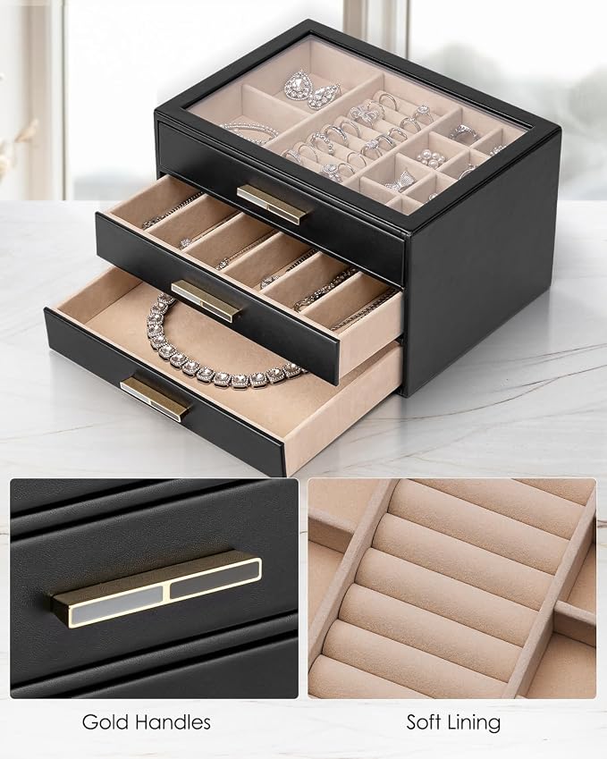 VLANDO Jewelry Box for Women, Glass Lid Jewelry Organizer with 3 Drawers for Necklaces Rings Earrings Bracelets - Black - Image 4