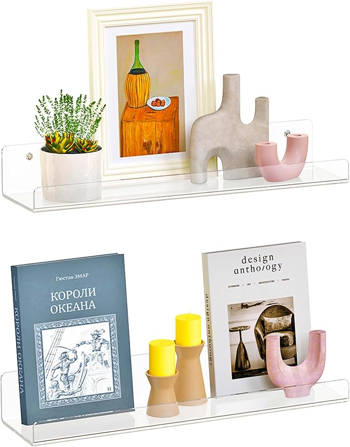Dooiclear 2 Pack Floating Shelves for Wall, 15" Clear Book Shelf, Acrylic Floating Wall Shelf, Display Shelves Organizer for Bathroom, Classroom, Bedroom, Living Room, Kitchen, Room Decor by Dooiclear