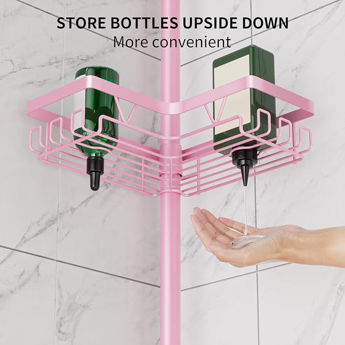 DAOYA Corner Shower Caddy Tension Pole - Pink - Rustproof Adjustable Bathroom Organizer Shelf for Shampoo, 25–114.2 Inch Shower Rack for Renters, Apartments - Image 5