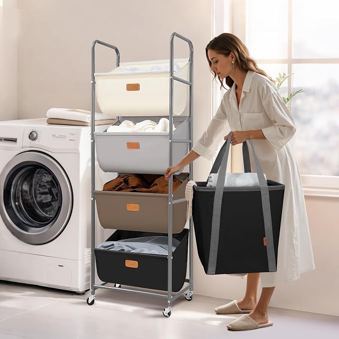 STORAGE MANIAC Vertical Rolling Laundry Hamper, 4 Section Laundry Sorter with Wheels and 2 Breaks, 4-tier Laundry Baskets for Small Space, Dorm, Laundry Room, Closet, Multicolored 4-tier - Image 8
