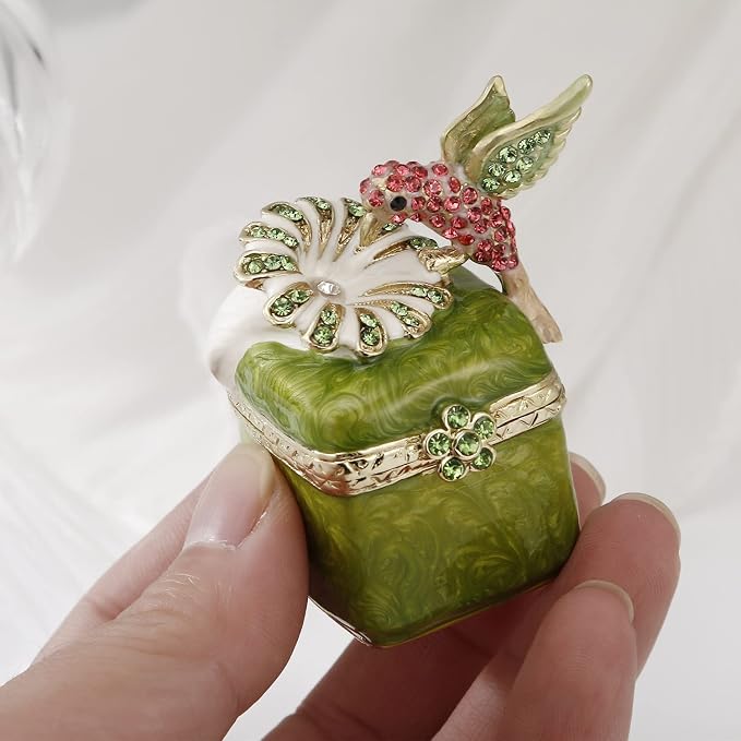 Hand Painted Enamel Hummingbird Trinket Box for Home Decor, Hinged Jewelry Organizer for Ring Earrings, Unique Figurine Keepsake Collectible Personalized Handmade Ornament Gifts (Green Hummingbird-3) - Image 5