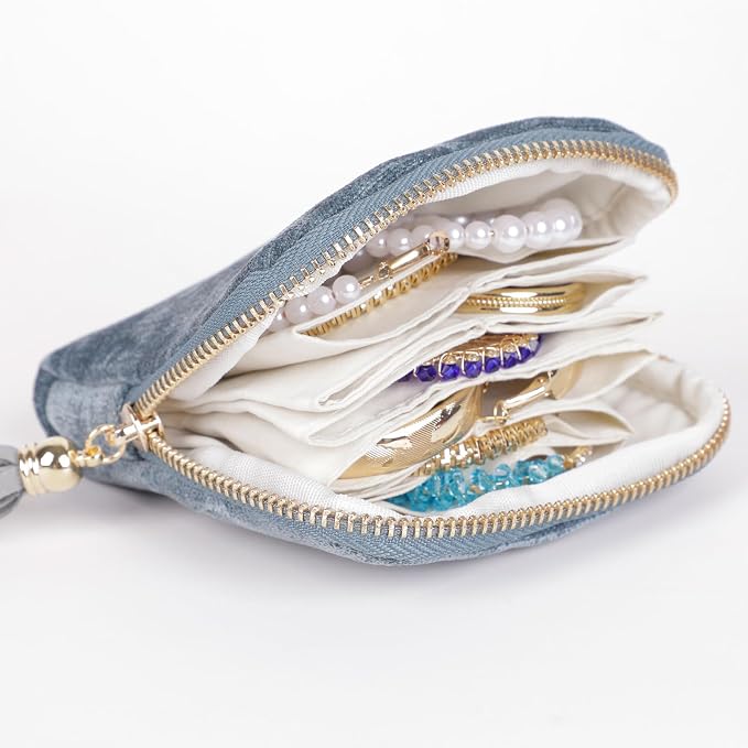 ASINGYER Travel Jewelry Storage Bag for Women, Velvet Portable Jewelry Organizer with Tassel Zipper, Small Pouches for Bracelets Necklaces Rings Earrings, Wedding Gift for Women (Blue) - Image 2