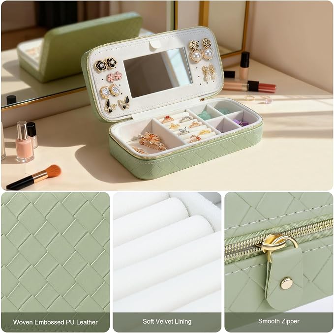 DesignSter Travel Jewelry Case, Woven Embossed PU Leather Jewelry Organizer with Mirror, Small Portable Jewelry Box for Women Rings Necklaces Bracelets Earrings - Image 4