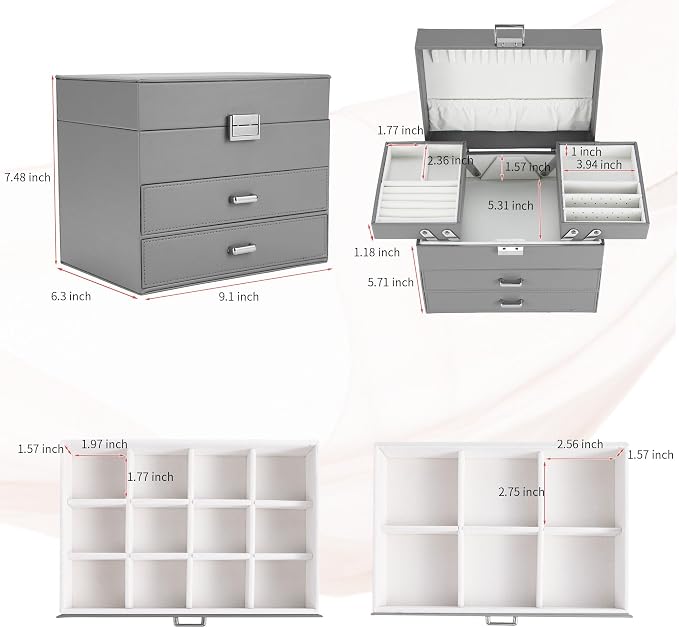 Dajasan Jewelry Organizer Box, Large Jewelry Boxes for Women Girls, Space-Saving 4 Layers Jewelry Storage Case with Drawer, Movable Metal Stand, Modern, Gift Idea (Grey) - Image 3