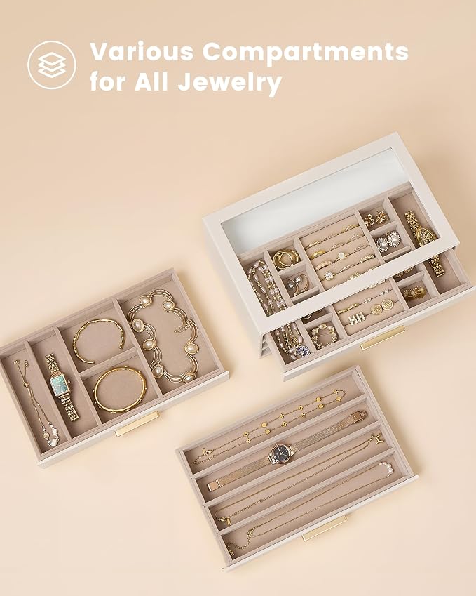 Lolalet Jewelry Box Organizer, 3-Layer Jewelry Organizers and Storage Case with Glass Lid, Ring Earring Bracelet Necklace Holder Organizer, Mothers Day Gifts for Mom, Women Girls -3Layer, Beige - Image 3