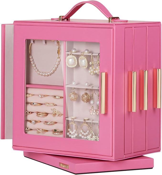 Homde Jewelry Box 360° Rotating, Necklace Earring Organizer with Transparent Window, Mirror, 7 Drawers, Large Ring Display Storage Case for Girls Women (Pink) by Homde