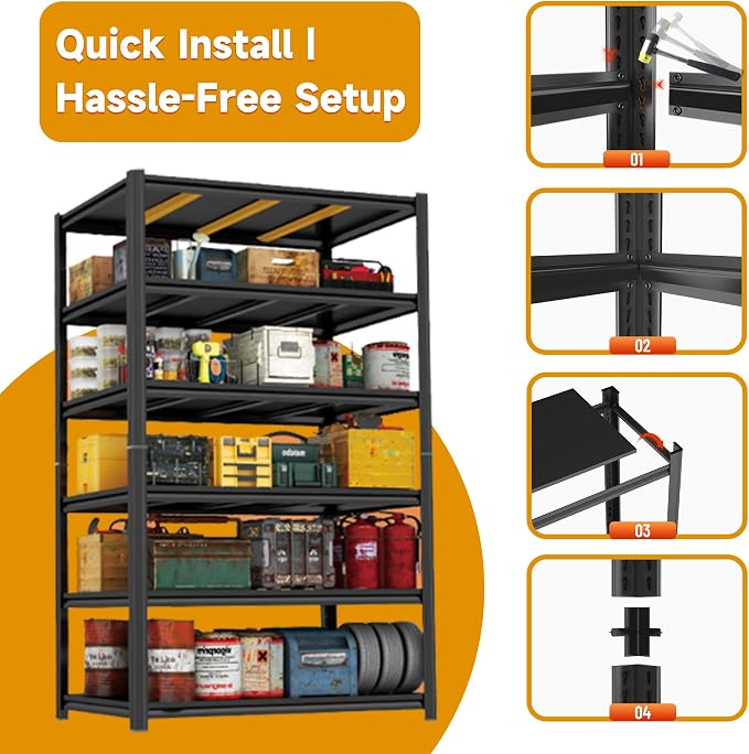 Garage Shelving,5 Tier Heavy Duty Shelving,72" H Metal Shelving Unit and Storage,3000lbs Capacity Steel Shelving,Industrial Shelves for Garage/Warehouse/Basement Black Adjustable Shelves - Image 6