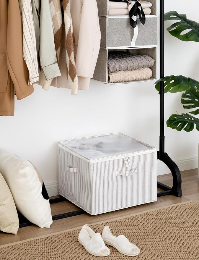 StorageWorks Shoe Organizer for Closet, Fits up to 16 Pairs, Shoe Cubby Storage Containers with Adjustable Dividers and Clear Cover, Khaki and Beige Stripes - Image 2