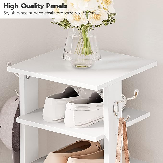 HOOBRO 8 Tiers Vertical Shoe Rack, Wooden Shoe Storage Organizer with Hooks, Narrow Shoe Tower for 8 Pairs, Space Saving, for Entryway, Living Room, Bedroom, White WT07XJ01G1 - Image 5