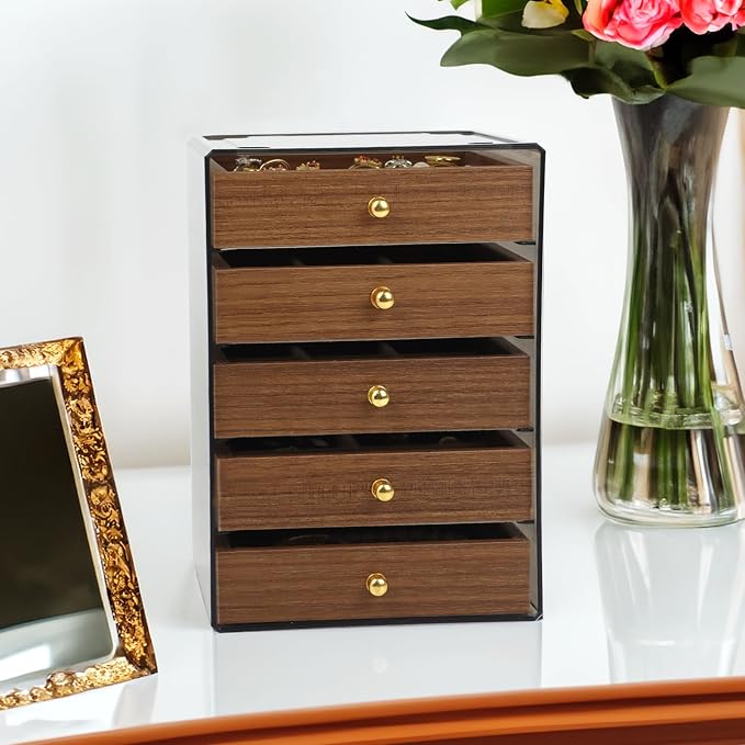 Fordonral Earring Jewelry Organizer Box with 5 Drawers, Plastic Jewelry Storage with Asjustable Velvet Trays, Multiple Display Holder for Earrings Ring Bracelet Necklace (Small-5-Drawer) - Image 3