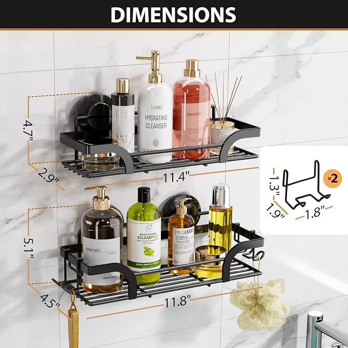 LEVERLOC 2 Pack Shower Caddy Suction Cup, Shower Shelves for Inside, Rustproof Metal Bathroom Storage NO-Drilling Bath Organizer with Large Capacity,Heavy Duty Storage Basket,Home Decor,Black - Image 8