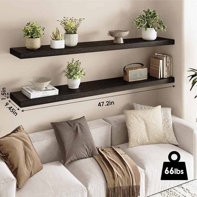 Fixwal Floating Shelves for Wall, 47" Long Heavy Duty Wall Mounted Rustic Wood Shelves for Living Room, Bedroom, Bathroom and Kitchen, Wall Shelves for Storage, Books, Room Decor (Black, Set of 2) - Image 3